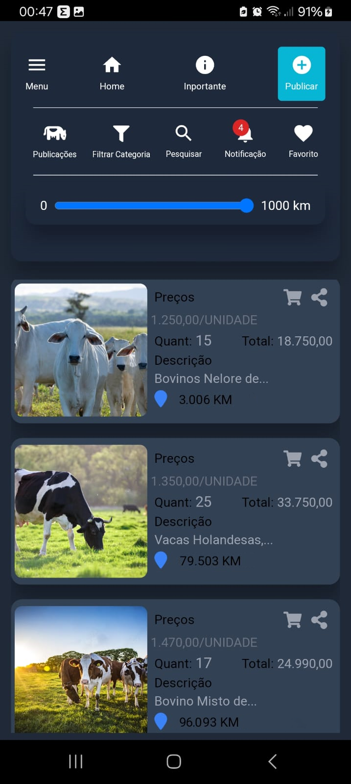 Tela de Publicações e Filtros